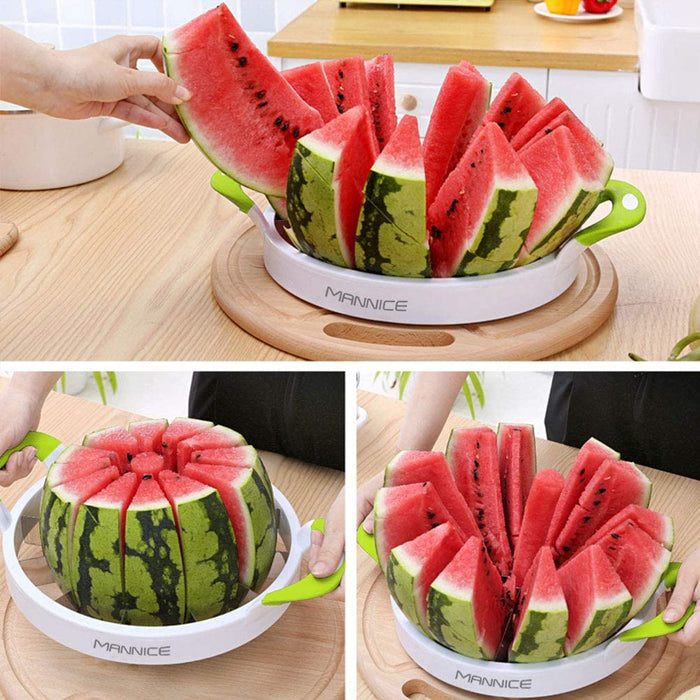 Götze watermelon slicer shown cutting a whole watermelon into even wedges and serving ready-to-eat slices with green ergonomic handles.