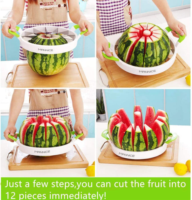 Götze watermelon slicer shown in four steps cutting a whole watermelon into 12 even wedges using stainless steel blades and green handles.