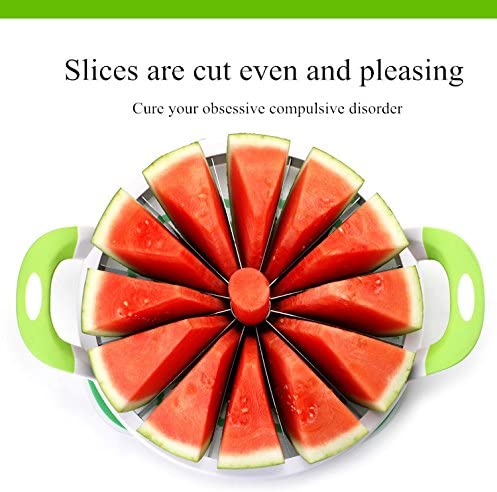 Götze watermelon slicer displaying a whole watermelon divided into 12 evenly sized wedges with a centered core and green handles.