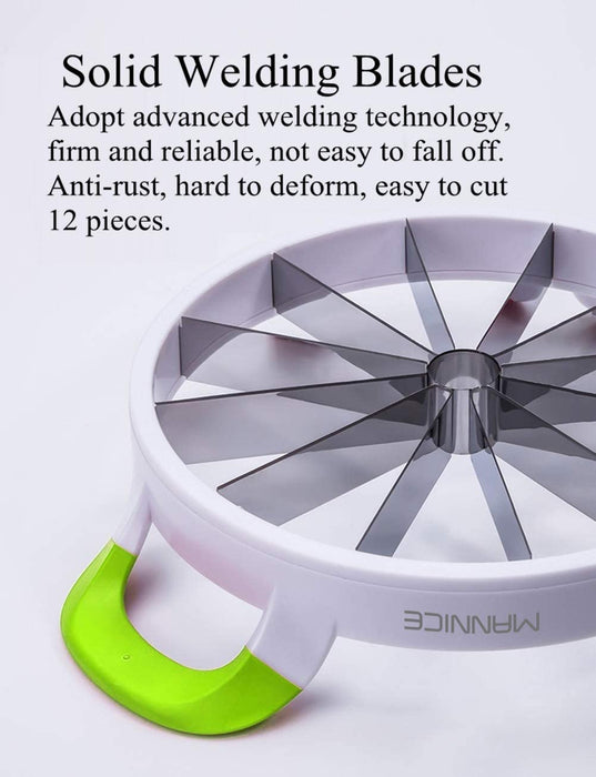 Götze watermelon slicer with solid welded stainless steel blades, green handles, and a 12-section cutting design for even watermelon wedges.