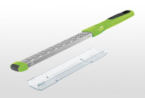 Götze Zester Plus with green ergonomic handle and clear protective cover, designed for zesting and fine grating.