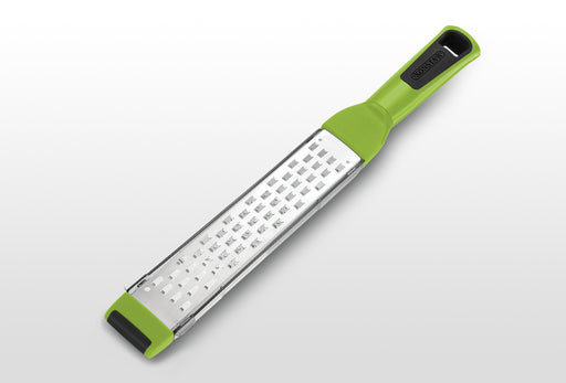 Götze Zester Plus and grater with green and black ergonomic handle and protective end cap on a white background.