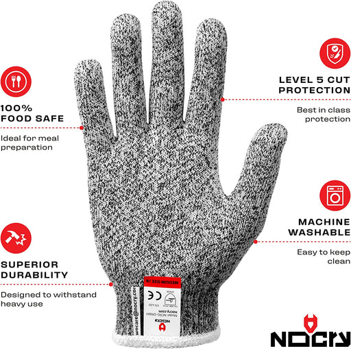 Level 5 cut-resistant kitchen safety glove featuring food-safe material, machine-washable construction, and durable protection for meal preparation.