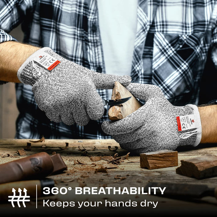 Premium Cut Resistant Glove worn while carving wood, featuring breathable fabric designed to help keep hands dry during detailed work.