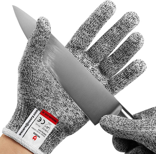 Cut-resistant safety glove protecting the hand while holding a sharp kitchen knife, designed for safer slicing, chopping, and food preparation.