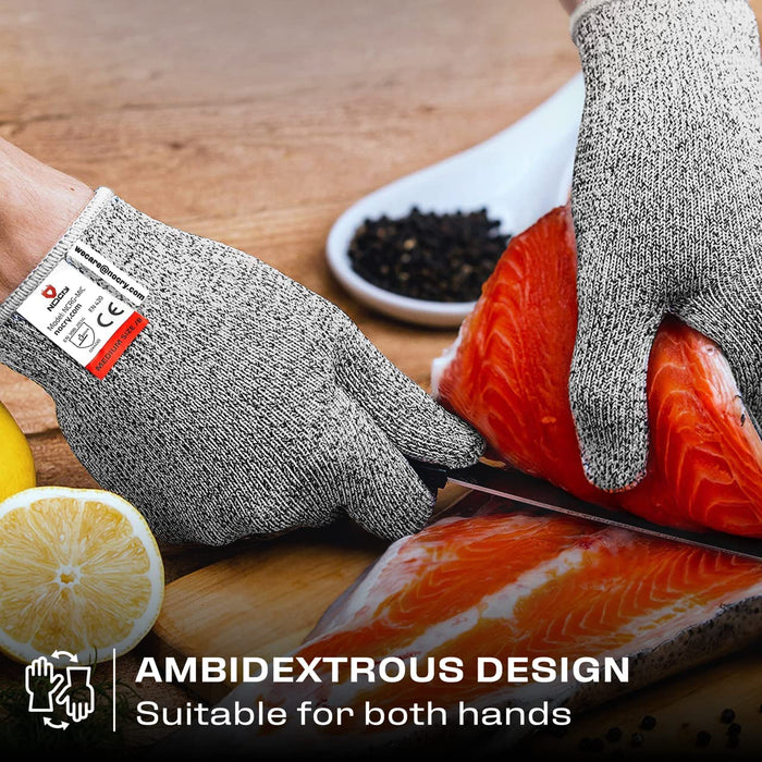Premium Cut Resistant Gloveworn while slicing fresh salmon, featuring an ambidextrous design suitable for both hands.