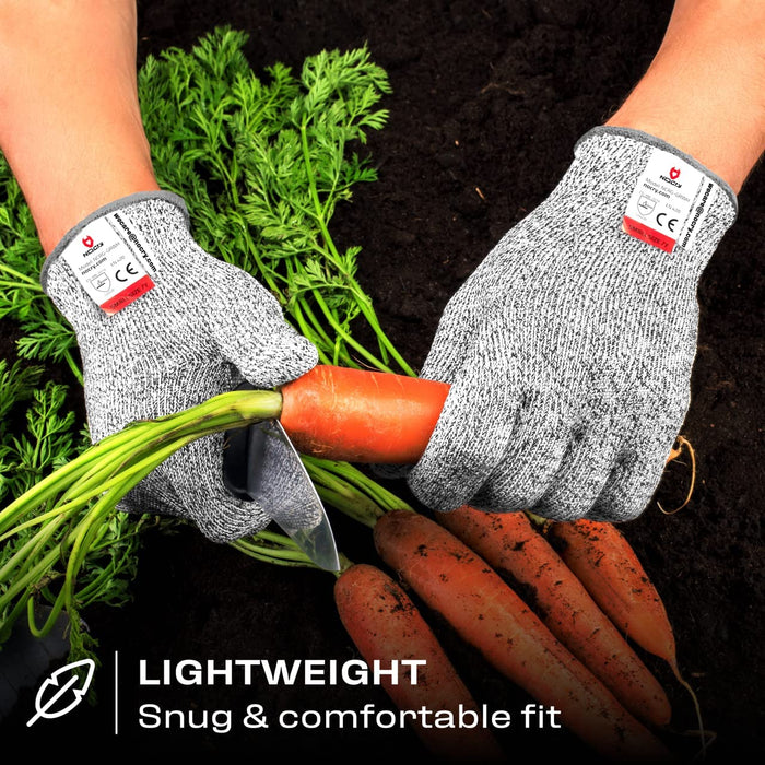 Premium Cut Resistant Glove worn while trimming fresh carrots, featuring a lightweight, snug, and comfortable fit for gardening and food prep.
