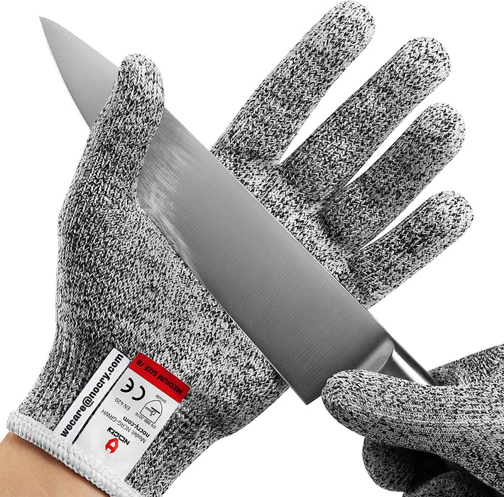 Premium Cut Resistant Glove protecting the hand while holding a sharp kitchen knife, designed for safer slicing, chopping, and food preparation.