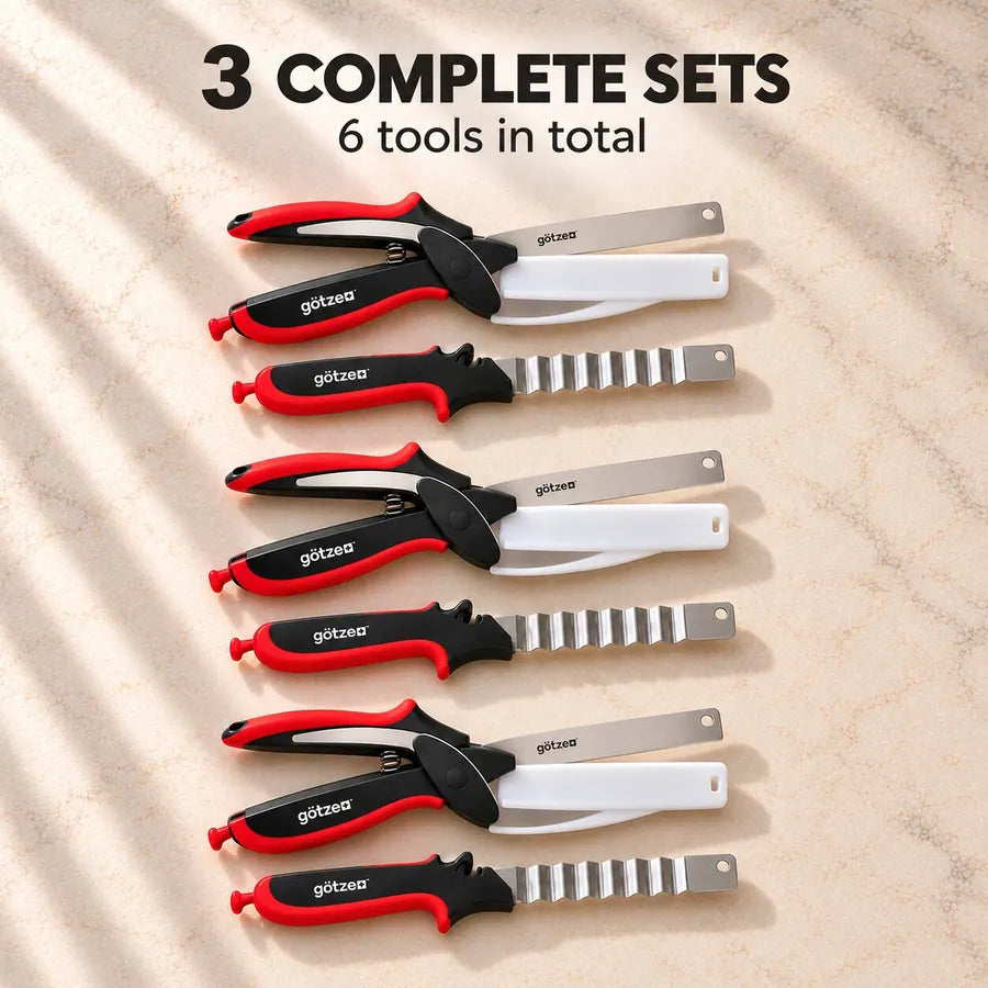 Götze 3-Pack: three complete sets, each with 3-in-1 kitchen shears and a crinkle-cut knife, six tools in total, on a stone countertop