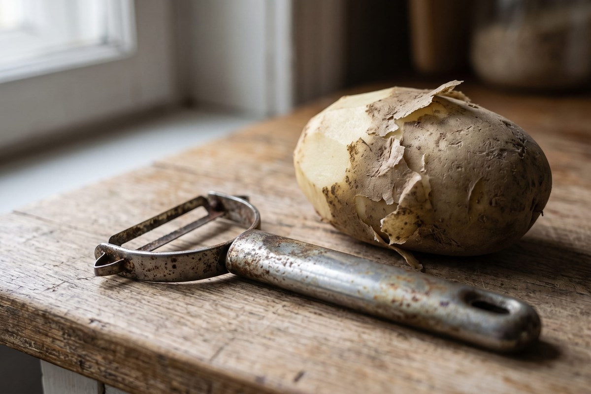 An old, worn peeler next to a roughly peeled potato
