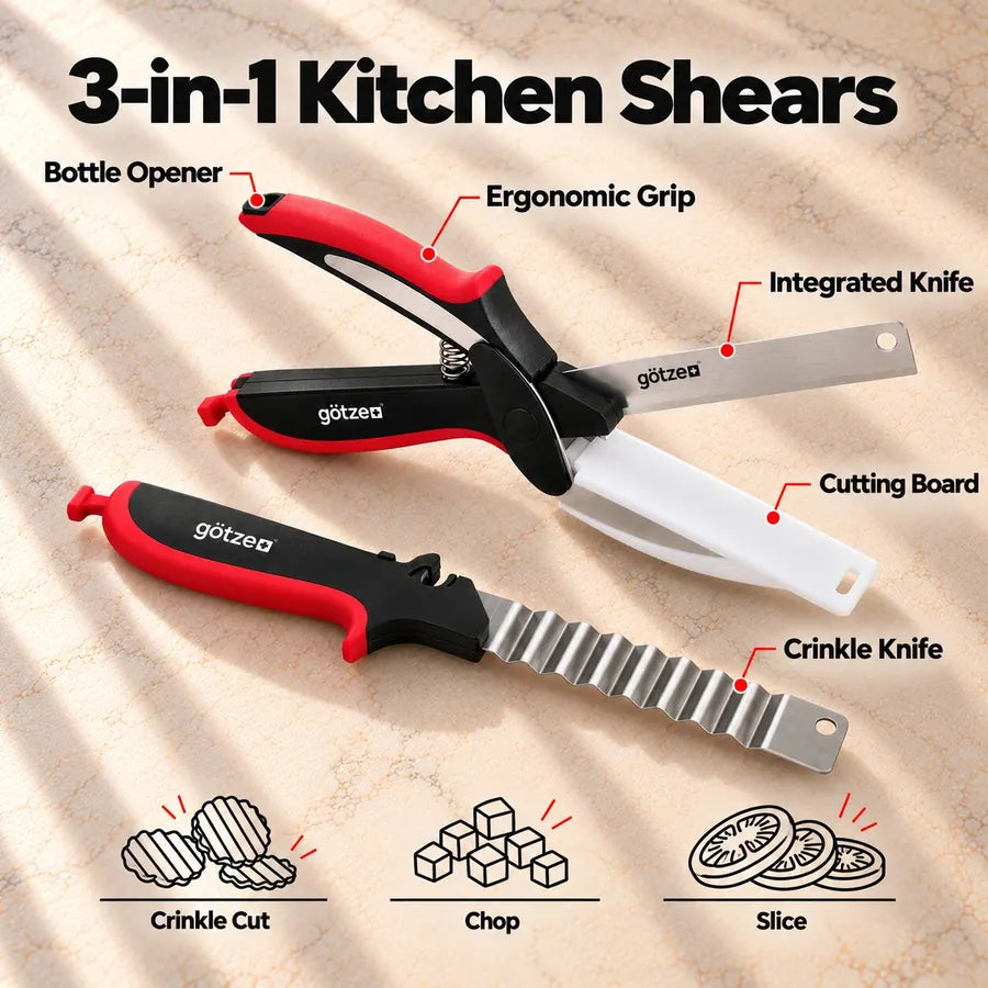 Götze 3-in-1 Kitchen Shears infographic: shears, integrated knife, bottle opener and crinkle knife with feature callouts