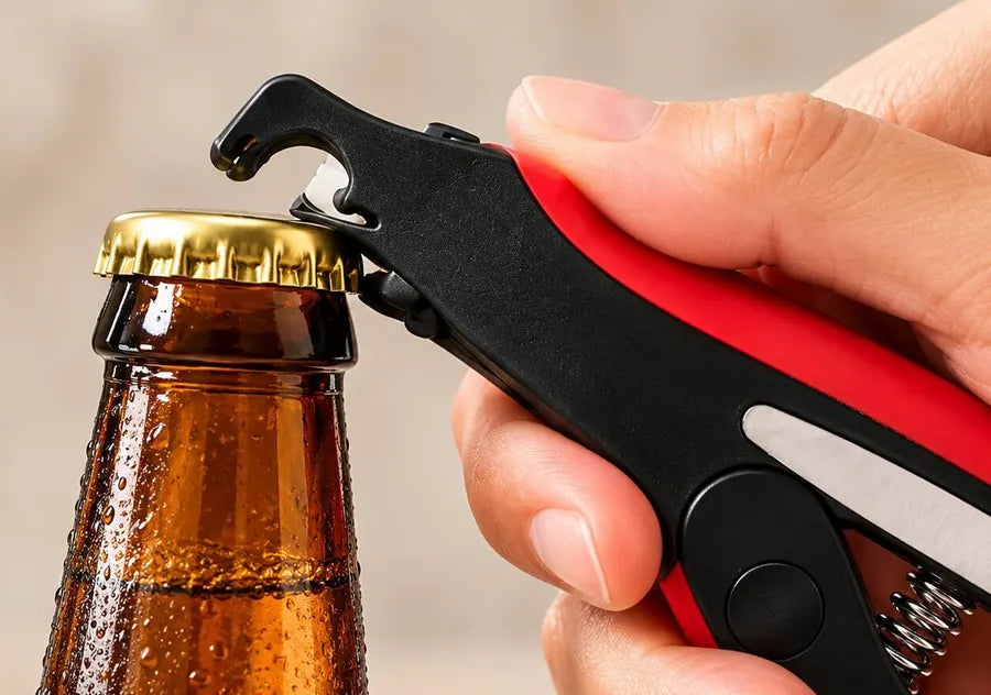 Hand opening a beer bottle with the bottle opener on the Götze Kitchen Shears