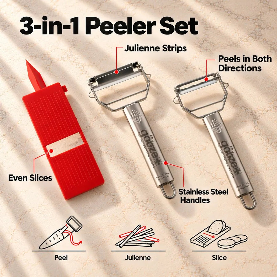 Götze 3-in-1 Peeler Set infographic: Y-peeler, julienne peeler and red mini slicer with feature callouts